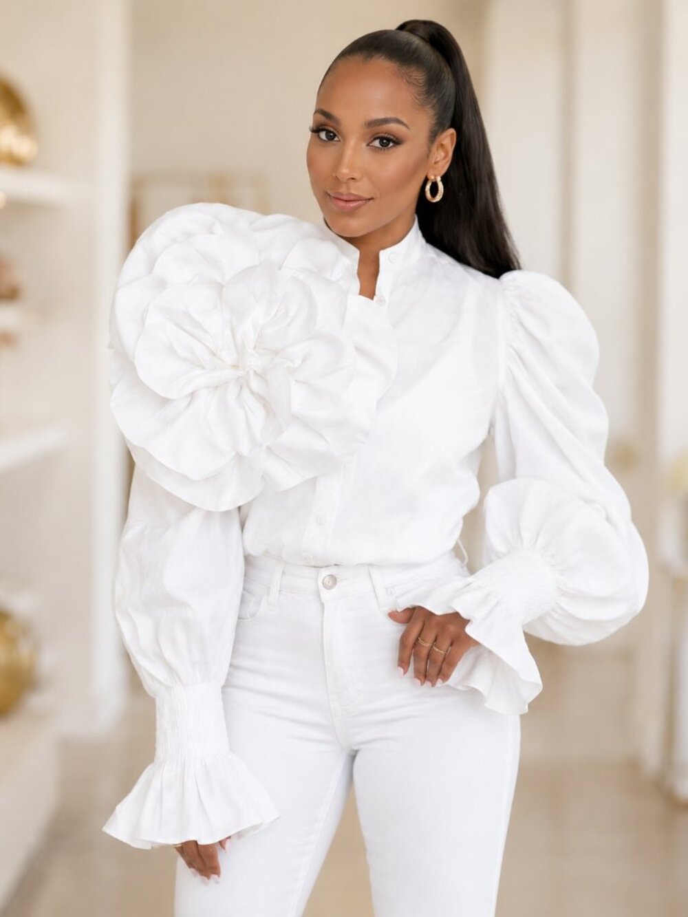 White 3D Floral Appliqué Statement Sleeve Blouse M–XXL